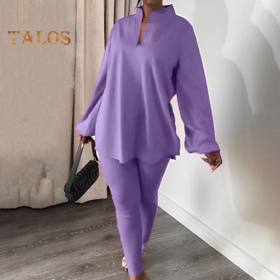 2 шт./компл., женский топ, брюки, комплект с воротником-стойкой и длинным рукавом, свободная блузка с разрезом по краю, эластичная талия, облегающие брюки, повседневная одежда, летняя одежда