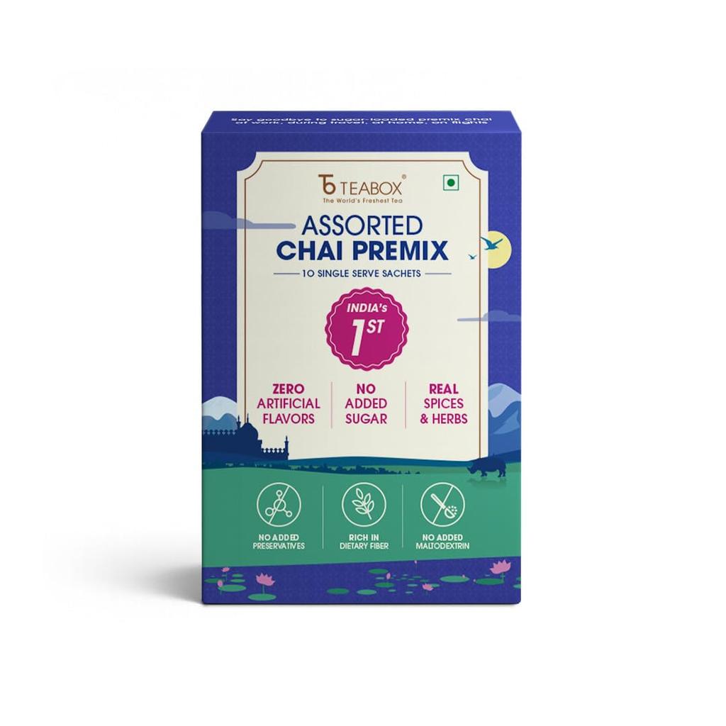 Teabox Assorted Chai Premix | 5 Flavours - Kadak, Masala, Cardamom, Saffron Rose, Kolkata Street | Strong Assam Tea | Fiber-Rich | No Added Sugar,