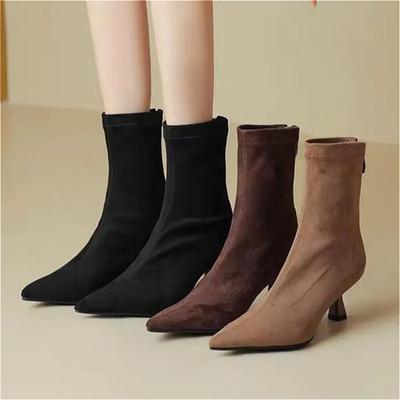 Замшевые женские ботильоны с острым носком на среднем каблуке, сексуальная женская обувь 2025 года, модные туфли-лодочки в готическом стиле, зимние туфли-челси, женские ботинки