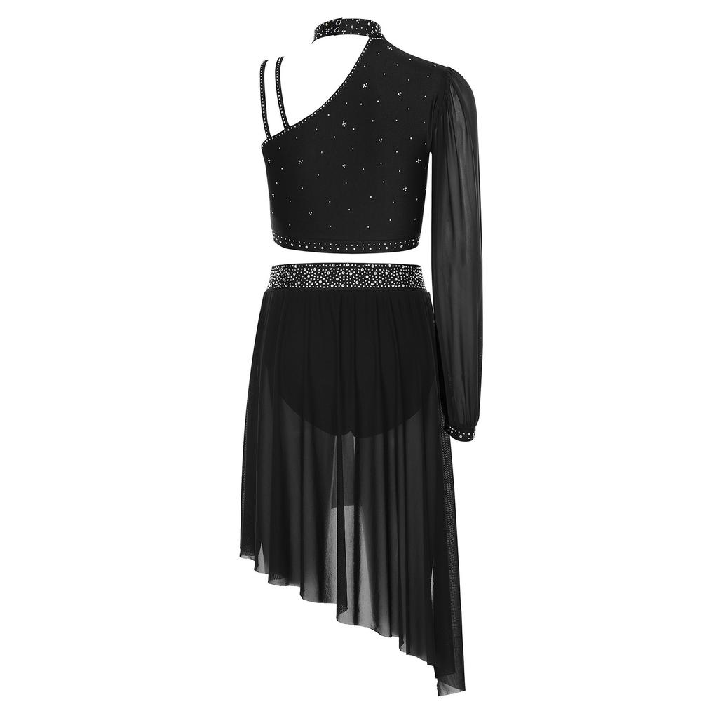 Женский костюм для лирического танца Блестящий асимметричный кроп-топ со стразами, шорты с высокой талией, костюм с шифоновой юбкой