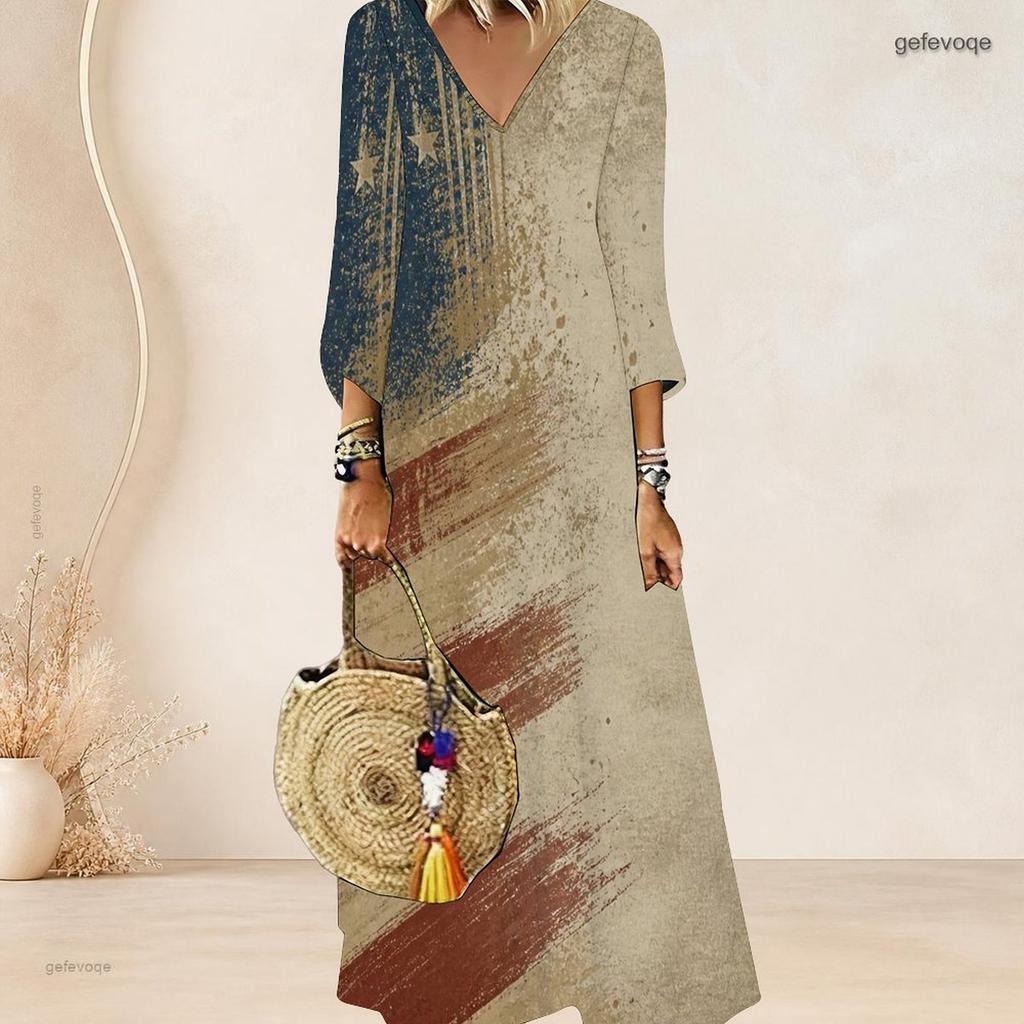 Plus Size Women V Neck 3 4 Sleeve Maxi Dress Soft Fashion Daily Street Wear