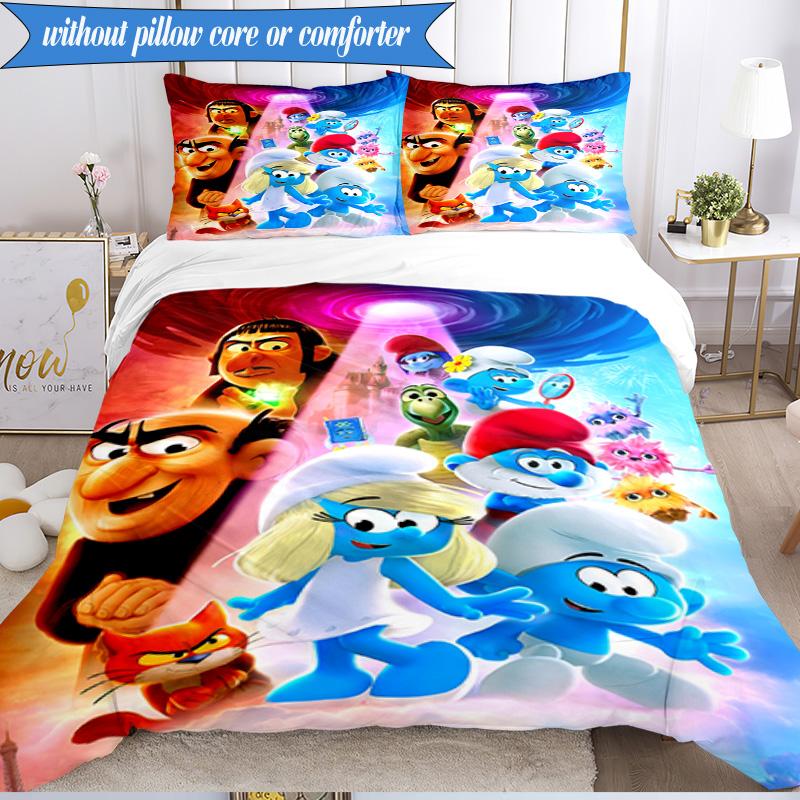 3PCS Blue Smur-f Characters Bedding Set,Including 1pc Duvet Cover And 2pcs Pillowcases Perfect for Bedroom, Dormitory, Fan Christmas gift