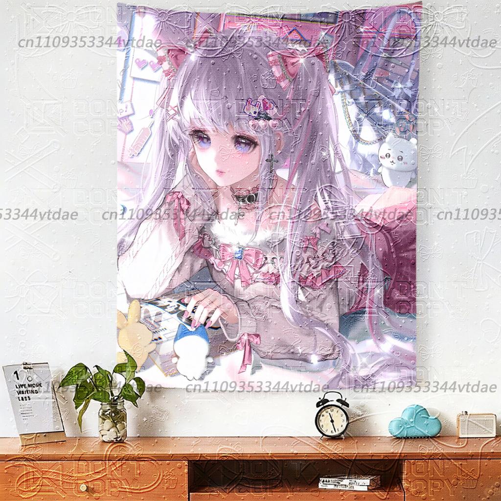 Готическая Kawaii Лолита Аниме Девушка Гобелен Темный Сладкий Двойные Хвосты Настенный Декор Y2K Девушка Эстетика Ткань для Фона Спальни Общежития