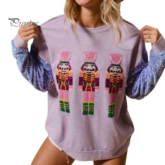 Women Christmas Sweatshirt Sequin Cartoon Pattern Round Neck Long Sleeve Loose Mid Length Pullover Party Holiday Top