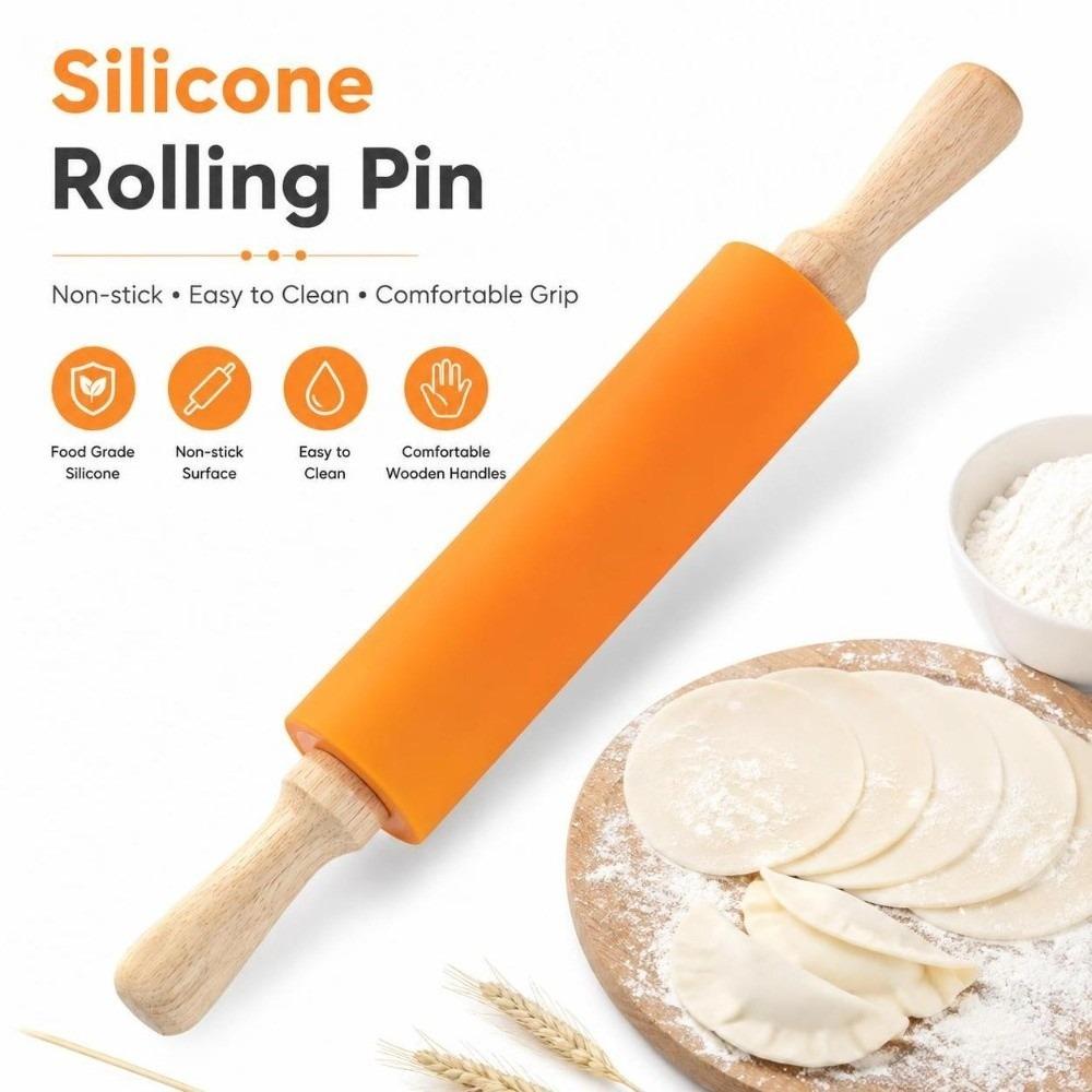 Solid Wood Handle Dough Roller Silicone Baking Rolling Pin Rolling Pin Dough Pancake Pastry Cookie
