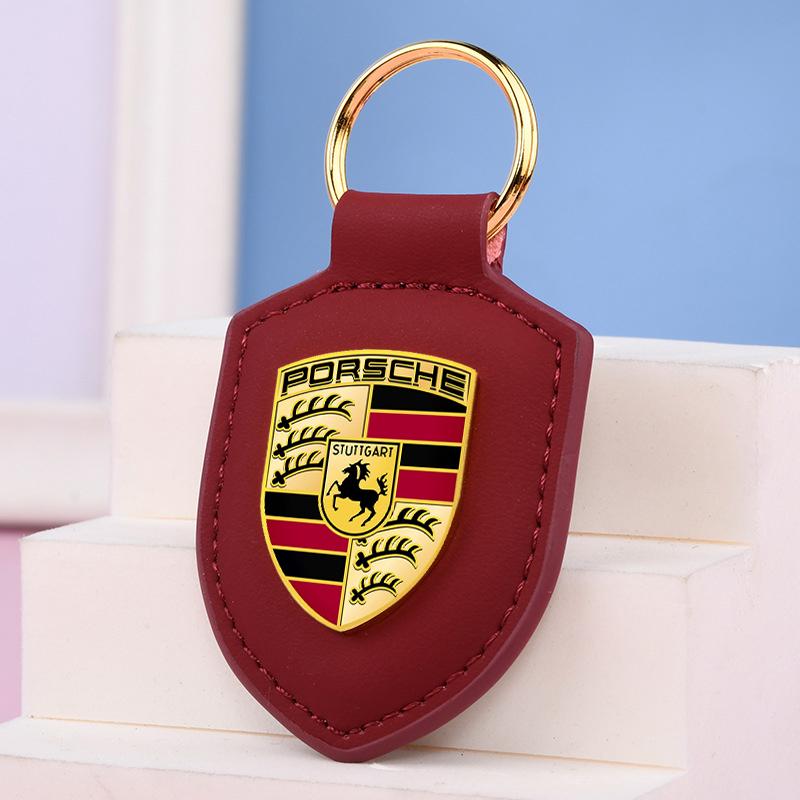 Car Leather Keychain Holder Shield Key Ring Chain Pendant Gifts For Porsche Macan 911 718 Taycan Panamera Cayenne Boxster Cayman