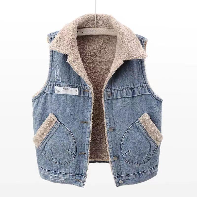 Women's Fall and Winter Sleeveless Loose Buttons Denim Vest Padded and Thickened Cotton Clothing