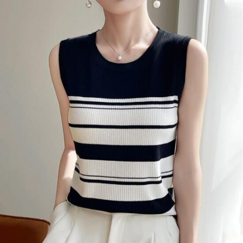 Navava Women Striped Color Blocked Ribbed Sleeveless Knit Nk3096