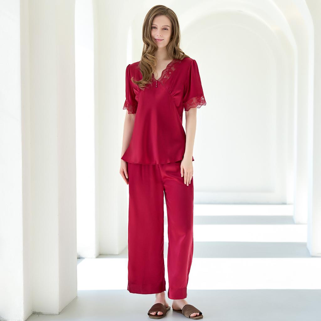 100% Mulberry Silk Lace V-neck Short-sleeved Pants Home Clothes for Women