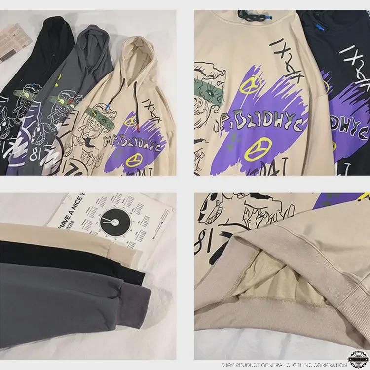 Осень 2024 г. Мужской повседневный свитер с капюшоном в стиле Гонконга с принтом в стиле хип-хоп больших размеров