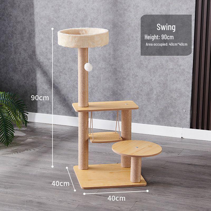 Большая кошачья игровая башня со встроенной кроватью-капсулой, когтеточкой, платформой от пола до потолка и полками.