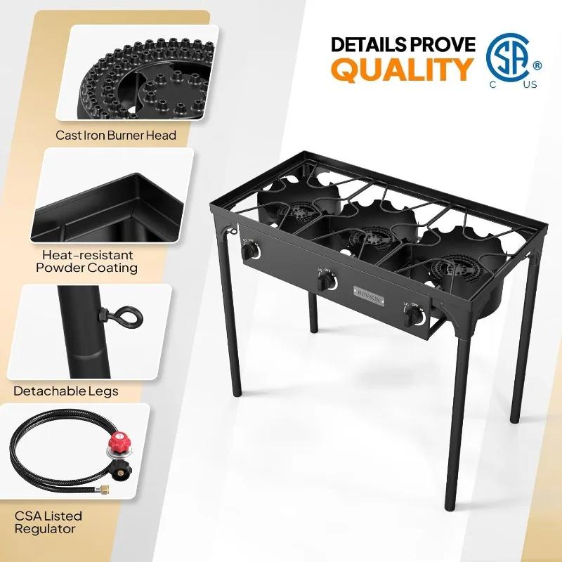 ROVSUN 3 Burner Propane Gas Stove, 225,000 BTU High Pressure Outdoor Camping Burner, CSA Listed Regulator, Picnic Cooker Perfect