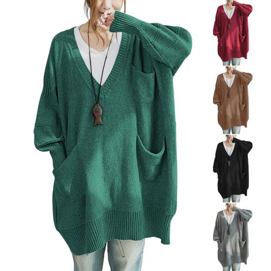 Women Sweater V-Neck Long Sleeve Sweater with Pockets Solid Color Loose Fit Long Hem Knitting Tops Autumn Winter Wear