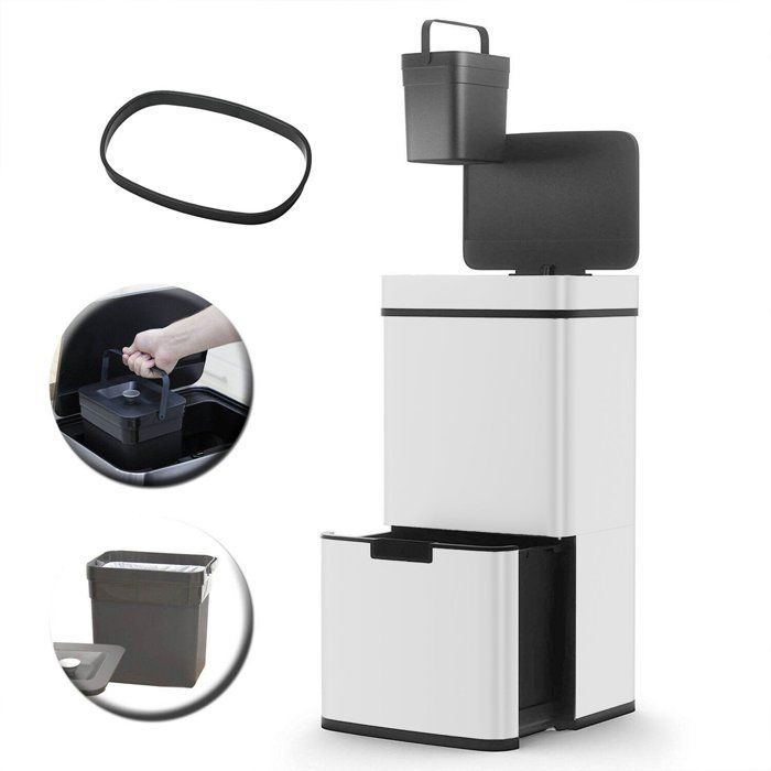 Poubelle de cuisine automatique 75L NARVIK – Double compartiment tri sélectif + Poubelle de table 3L – Blanc – KITCHEN MOVE