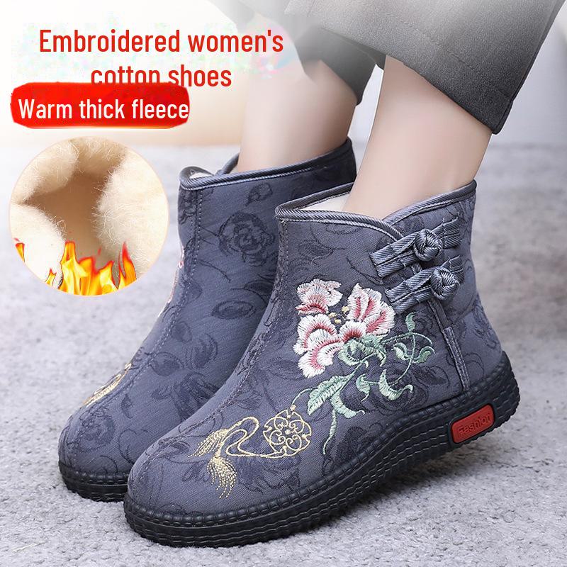 Женские вышитые зимние ботильоны - теплая бархатная подкладка, хлопковая обувь в китайском стиле для мамы
