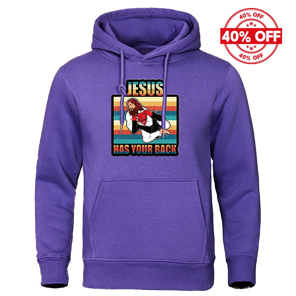 2025 Spring And Autumn Man's Solid Color Popular Coat Jesus Has Your Back Jiu Jitsu Retro Christian Logo Print Pullover Hoodies