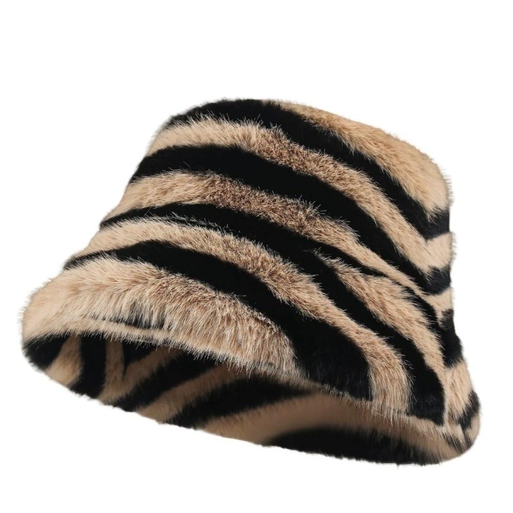 Zebra Pattern Striped Fisherman Hat Faux Fur Basin Hat Warm Bonnet Cap