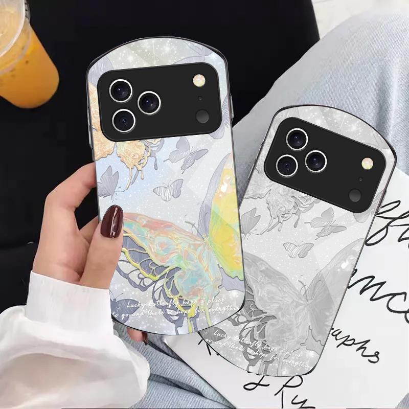 Счастливая бабочка Картина Для iPhone 17 Air 16 15 14 Pro 13 Plus 12 mini 11 Pro Max XR X 7 8 Эллиптический Закаленное Стекло Чехол для Телефона