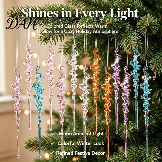 Spiral Twisted Acrylic Ornaments 12Pcs Colorful Icicle Ornaments, Ice Bar Hanging Decor for Christmas Tree, Texture Xmas Tree Trimmings Realistic