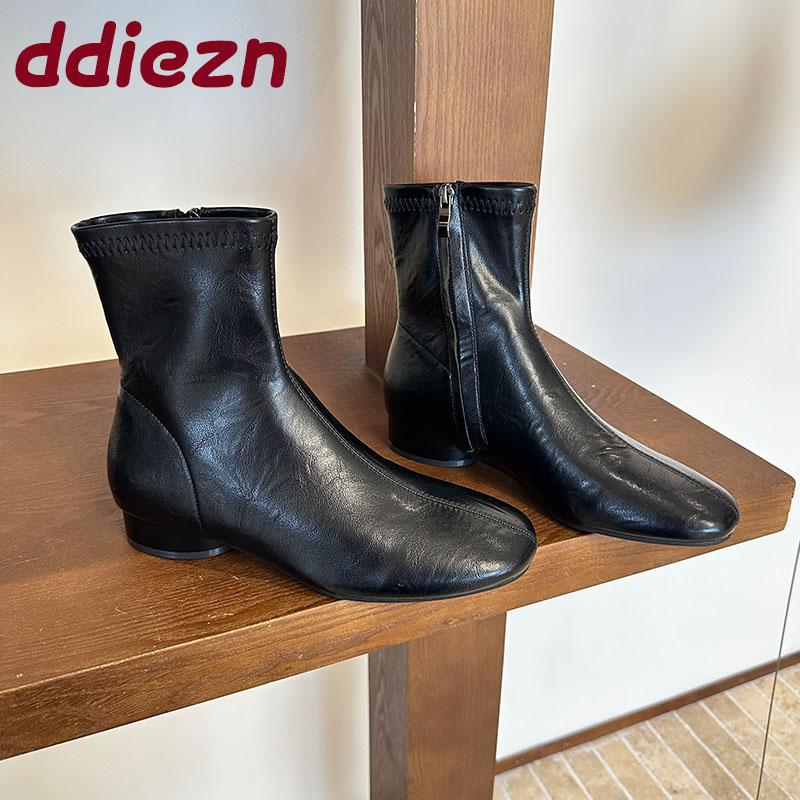 Мода Мода Круглый Носок Женские Современные Ботильоны Обувь Молнии Женские Эластичные Короткие Ботинки Женские С Круглым Каблуком Обувь Туфли