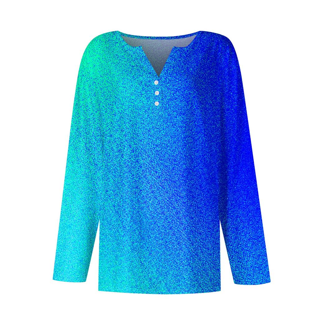 Женская модная повседневная футболка с v-образным вырезом и длинным рукавом с принтом на пуговицах, топы