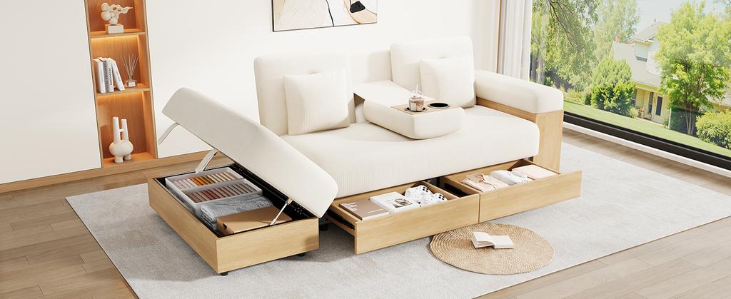 Sectional Sofa with Storage, 3-Way Adjustable Backrest, Sofa Bed with Drawers, Chenille Fabric, MDF Frame, Cup Holder & Storage Ottoman, 217cm, Beige