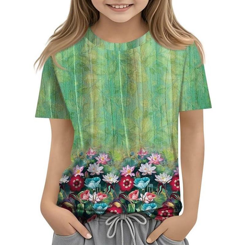 Детская футболка с 3D-принтом, новая повседневная универсальная детская одежда с цветочным 3D-принтом, футболка с короткими рукавами и круглым вырезом