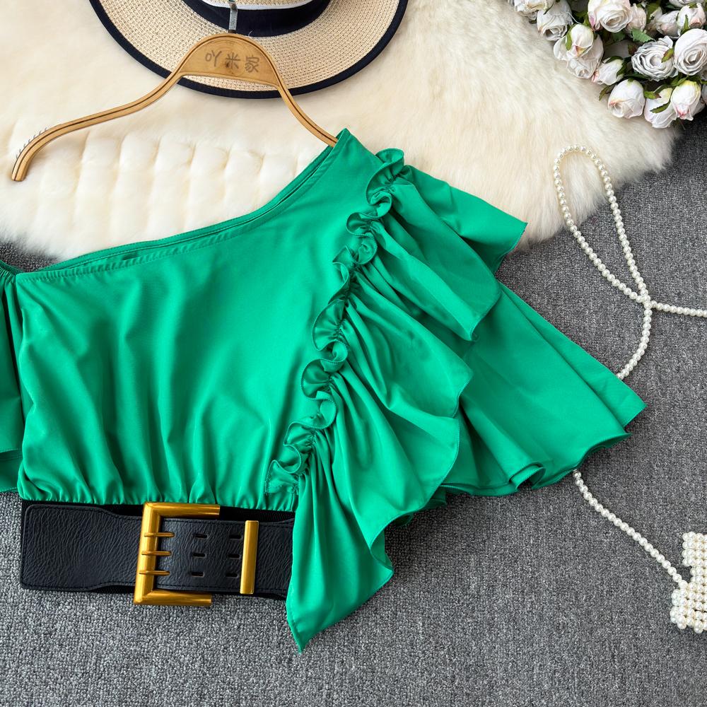 Шикарная блузка Blusas De Mujer с косым воротником и воланами, нерегулярная блузка Ins для женщин, однотонная, со складками на поясе, Camisas, летняя дропшиппинг