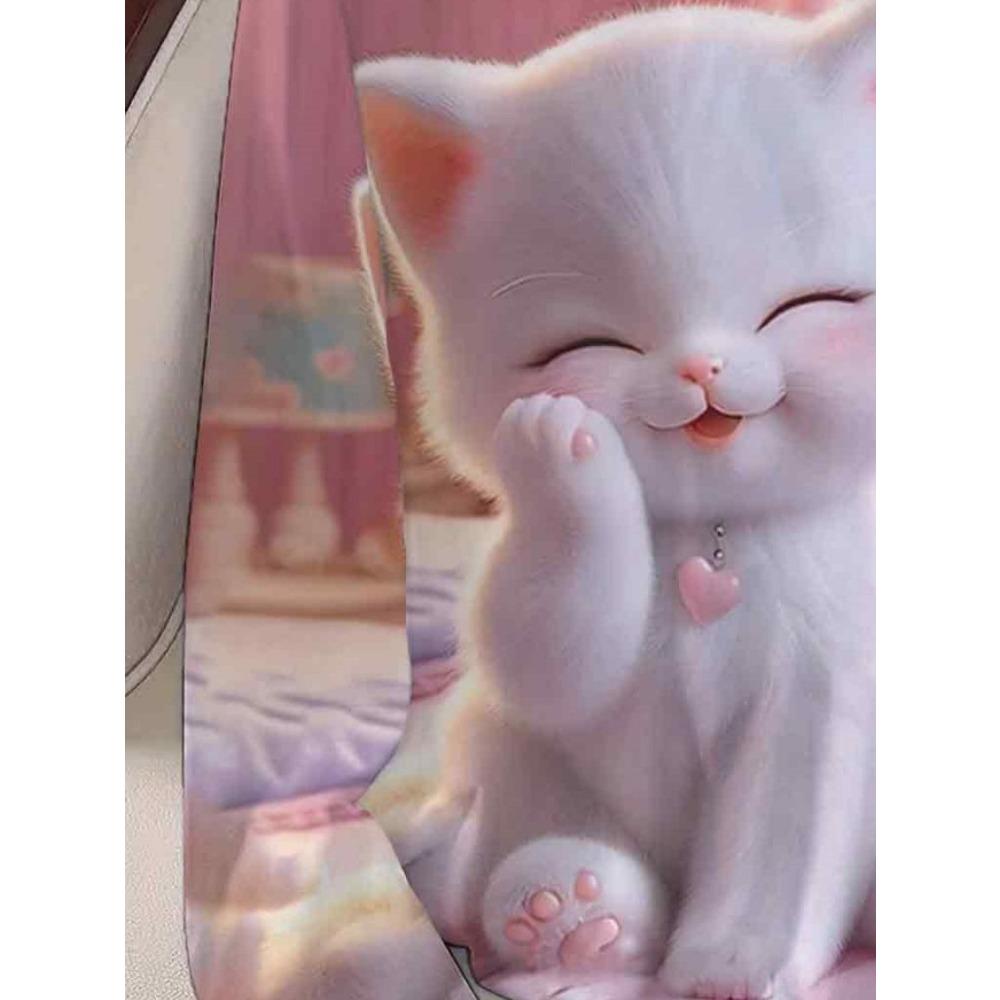 Women's Long Sleeve Cartoon Pink Kitten Print T-Shirt - Crew Neck Top for Daily and Office Wear