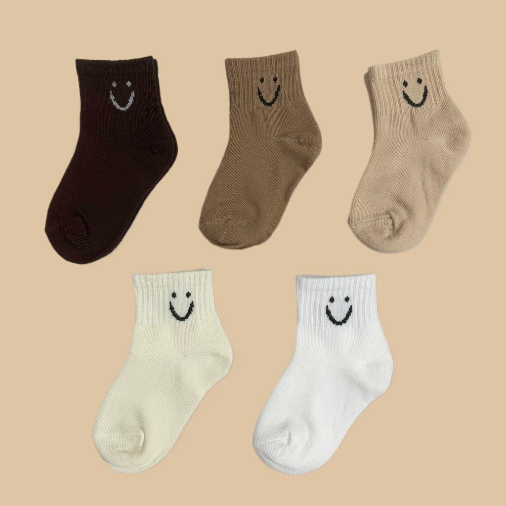 5 Pairs Kids Socks Cute Cartoon Smile Emoticons Pattern Comfortable Breathable For Boys And Girls All-Season