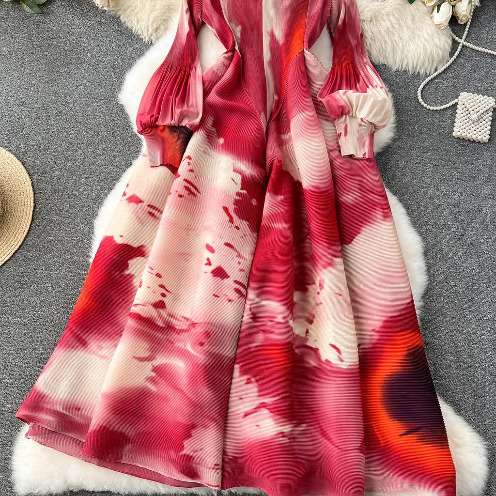 French Senior Temperament Luxury Dress Ladies 2024 Newest O-Neck Ruched Print Tie Dye Design Fashion Chic Long Dress
