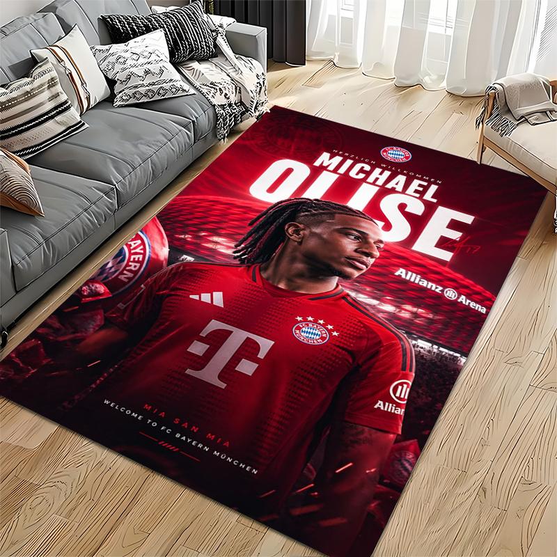 Soccer Star Area Rug, Michael Olise Bayern Munich Welcome Allianz Arena Red Print, Football Fan Bedroom Decor, Non-Slip Mat