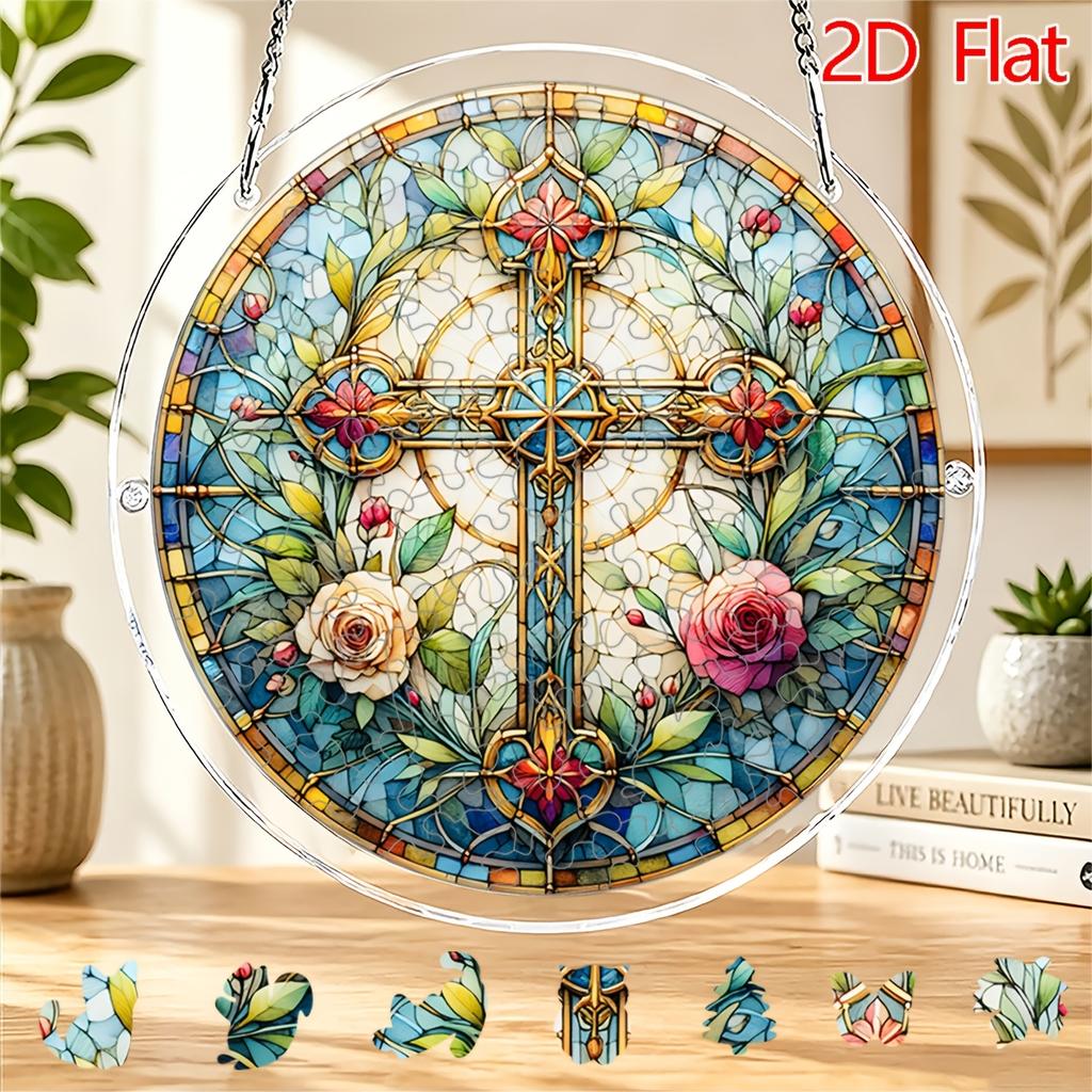 2D Flat, 2D Flat Acrylic Sun Catcher, Rose Golden Floral Cross Themed Sun Catcher, Home and Garden Decor, Gift for Christmas, Thanksgiving, Anniversar