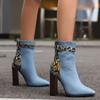 Большие размеры 48 49 50. Осенние новые женские туфли из синей джинсовой ткани с квадратным носком. Ботильоны-змеевик в стиле пэчворк. Ботильоны на высоком каблуке с застежкой-молнией.