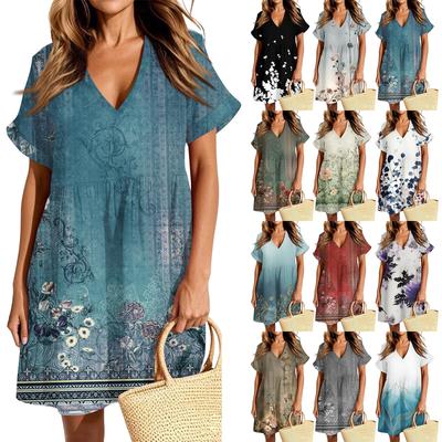 Женское повседневное модное платье с винтажным цветочным принтом и коротким рукавом и V-образным вырезом