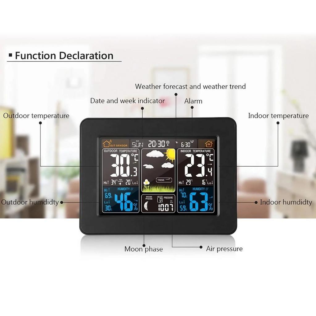Wireless temperature and humidity meter weather clock home thermometer weather station LCD wall mounted large color screen
