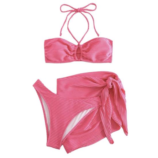 Женский сексуальный раздельный купальник, 3 шт./компл., однотонный плиссированный бюстгальтер с лямкой на шее, высокая талия, купальник на шнуровке, комплект бикини