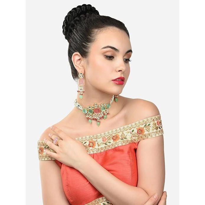 Многоцветные камни и бусины, многорядное колье-колье Kundan из бисера, ожерелье, серьги и кольца, комплект для женщин