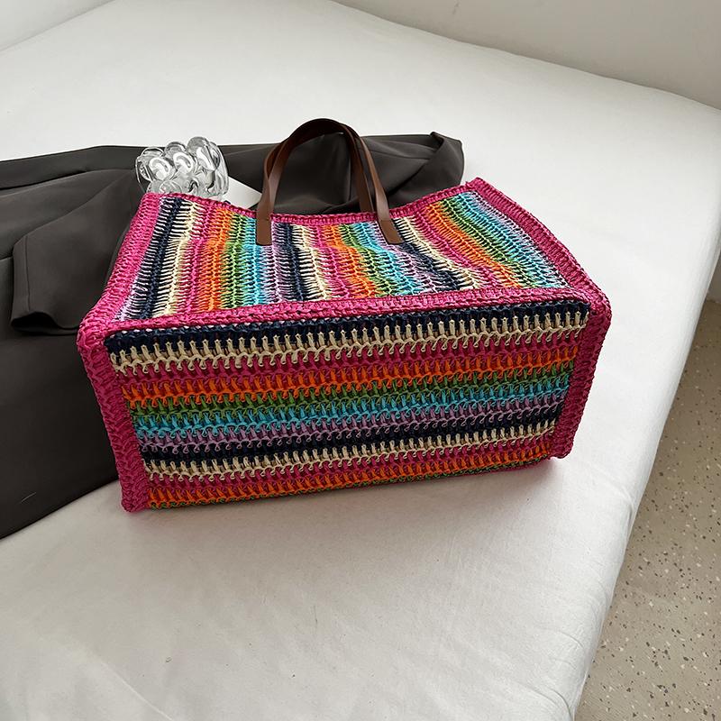 Stripe Big Straw Tote Bags for Women 2024 Summer Fashion Summer Shoulder Bags Handbags and Purses Weave Beach Bag