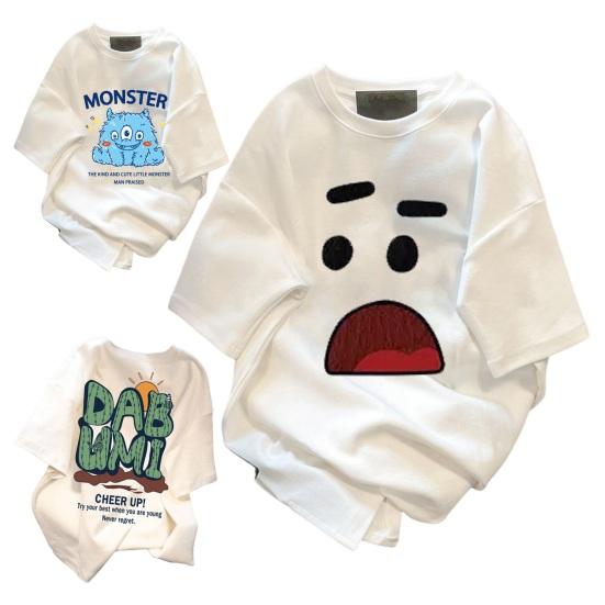 Couple T-shirt Cartoon Face Expression Cactus Print Short Sleeves Ice Silk Loose O Neck