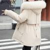 BITCED Women's Winter Mid-Length Cotton Coat with Fleece Lining, Large Fur Collar, Plus Size, Short Waist-Defining Jacket