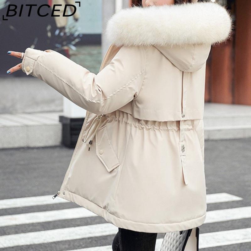 BITCED Women's Winter Mid-Length Cotton Coat with Fleece Lining, Large Fur Collar, Plus Size, Short Waist-Defining Jacket