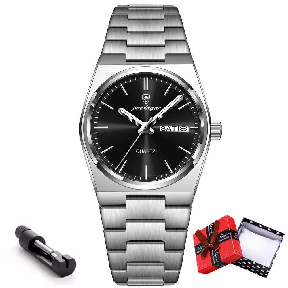 POEDAGAR Роскошные часы для женщин, элегантные кварцевые часы, водонепроницаемые, светящиеся, с датой и неделей, женские часы из нержавеющей стали