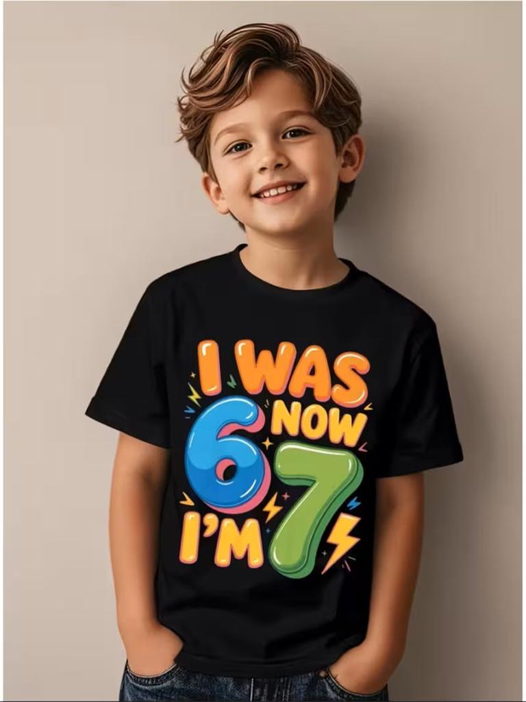 Boys 7th Birthday TShirt Number 67 Lightning Design Crew Neck Short Sleeve Party Outfit Suitable for 7YearOlds
