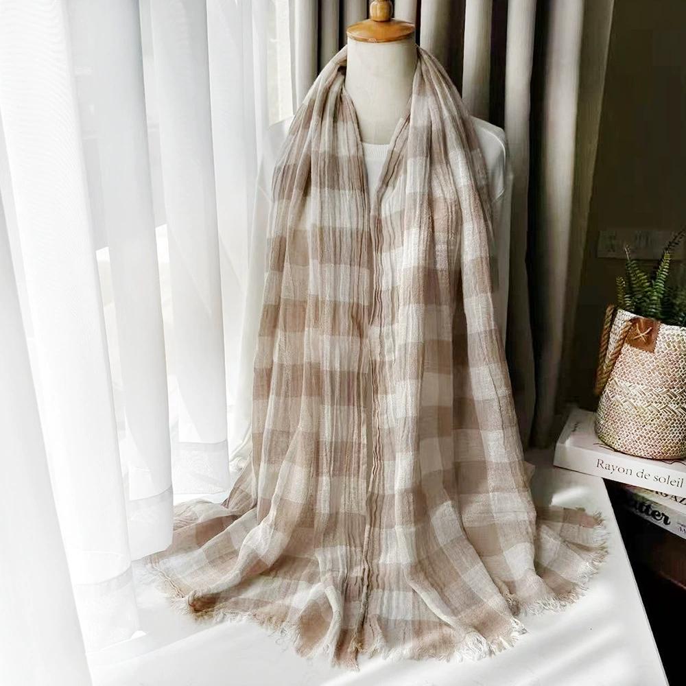 Japanese Literary Linen Scarf Classical Plaid Cotton and Linen Blend Scarf for Men and Women Neutral Unisex Retro Warm Scarves
