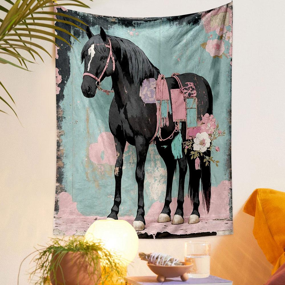 "Elegant Black Horse with Floral Accents" Patterned tapestry home decor, suitable for bedroom and living room, gift