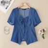 Women Summer Fashion Square Collar Short Sleeve Blouse