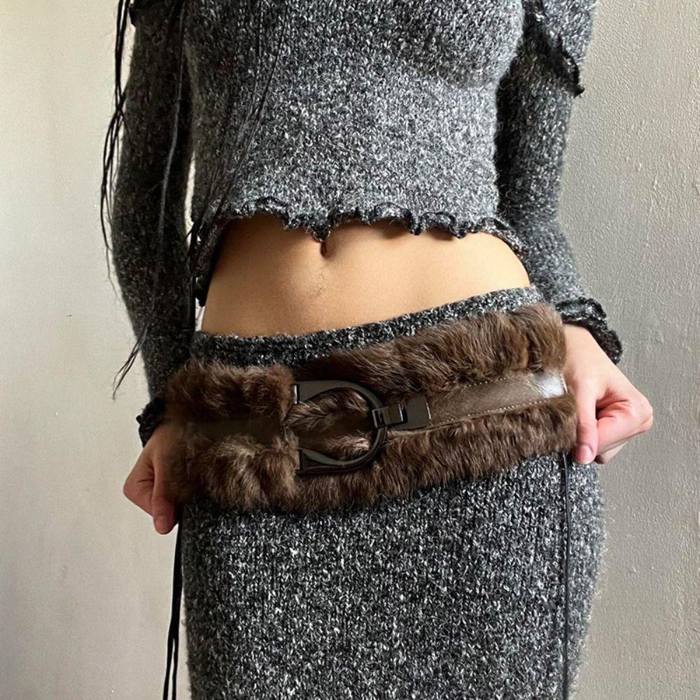 Punk Leather Fur Belt Spicy Girl Y2K Waistband Fashion Plush Belt Dress Decoration