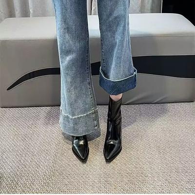 Модные кожаные высокие ботинки для женщин винно-красного цвета с острым носком, слипоны, на низком каблуке-рюмочке, для зрелых женщин