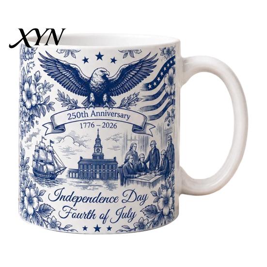 Independence Day Cup USA 250th Anniversary Blue Mug, Patriotic Ceramic Coffee with Heritage Eagle Flag Design, Gift for Veterans Men Women Durable